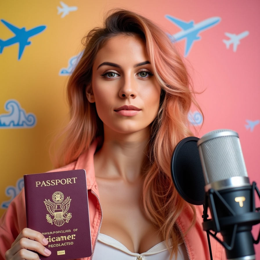 woman styled as a lifestyle or travel vlogger. She has a joyful, excited express