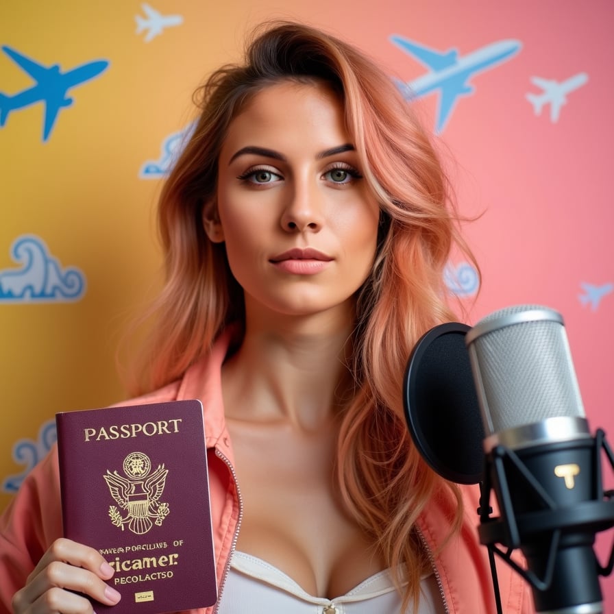 woman styled as a lifestyle or travel vlogger. She has a joyful, excited expression, possibly holding a passport or travel-related prop. The background is bright and dynamic, with patterns like waves or airplanes