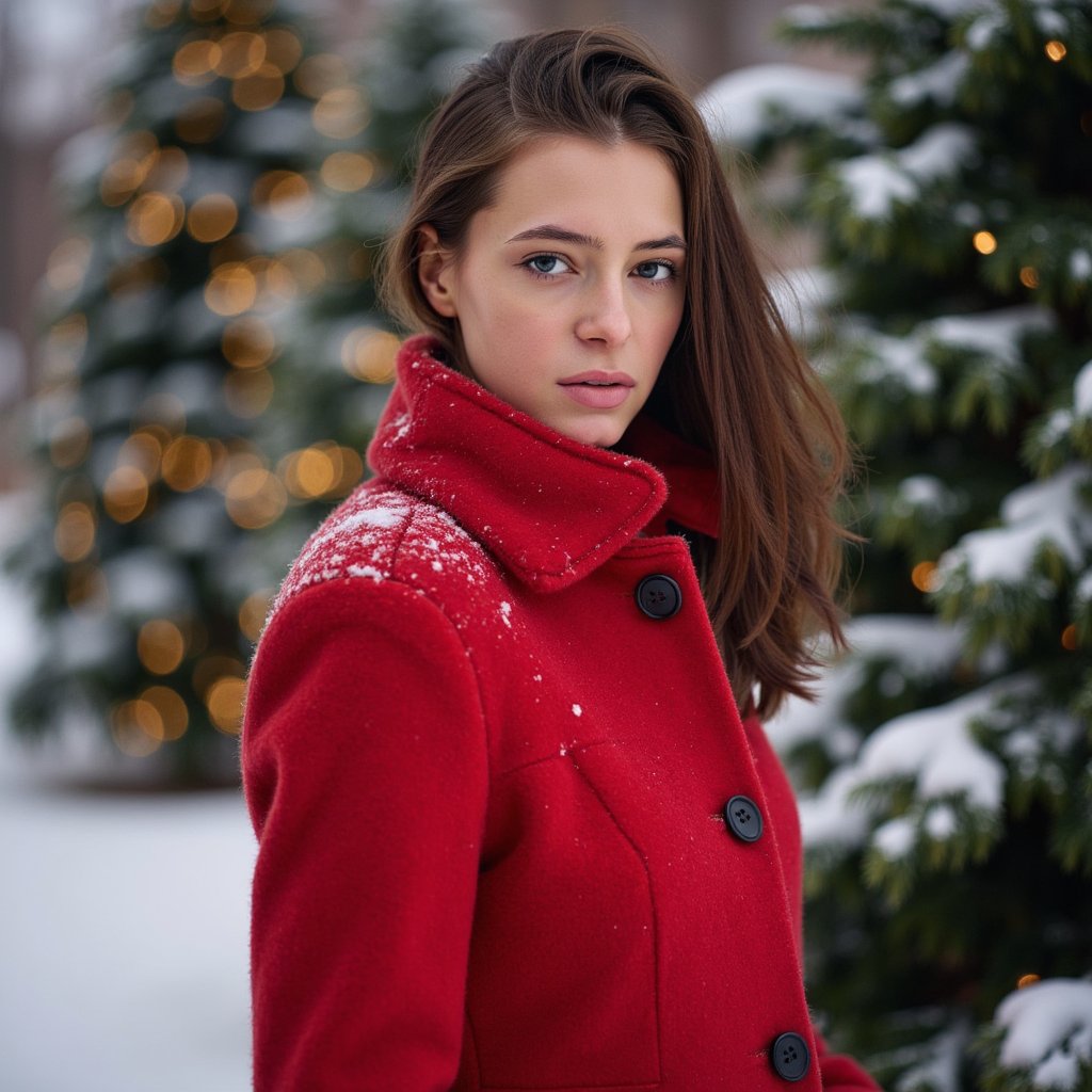Waist-up outdoor portrait of a woman wearing a vivid red wool coat with a structured collar and black buttons; coat texture visible in crisp detail. She stands slightly turned away from the lens, looking gently back with a soft expression, still pose.
Hair: loose, soft curls with snowflakes resting naturally on the strands.
Makeup: natural glam—soft brown eyeliner, rosy cheeks, satin neutral lips.
Lighting: bright overcast snow-reflected light creating soft, even illumination; subtle highlights on coat fibers.
Background: blurred snowy evergreens with tiny golden fairy lights; minimal clutter.
Camera: 85mm f/2, eye-level; highly detailed, highly realistic, HDR, snowflakes, coat fibers, and eye reflections rendered sharply.
