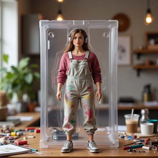 A stylish female action figure with paint-stained overalls, headphones on, standing in front of a cluttered craft table. Scattered around: paint tubes, a sketchpad, iced coffee, a mood board.