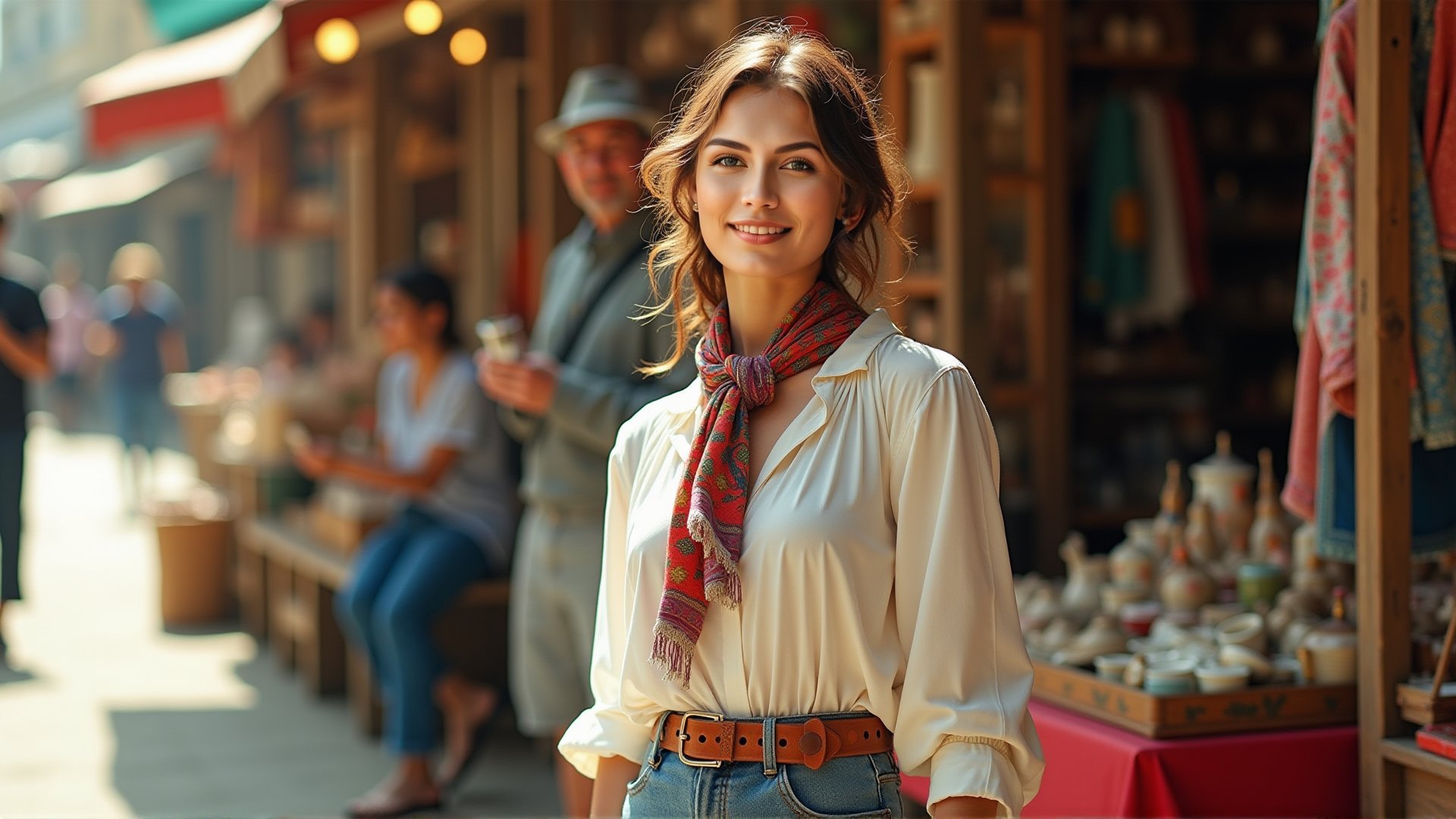 girl in casual outfit, colorful scarf and worn-out shoes, amidst vibrant market atmosphere, with shopkeepers behind her showcasing fashionable clothing, ceramics and ornaments, against a backdrop of 2-3 people smoking and sipping drinks, warm sunlight filtering through the bustling streets.