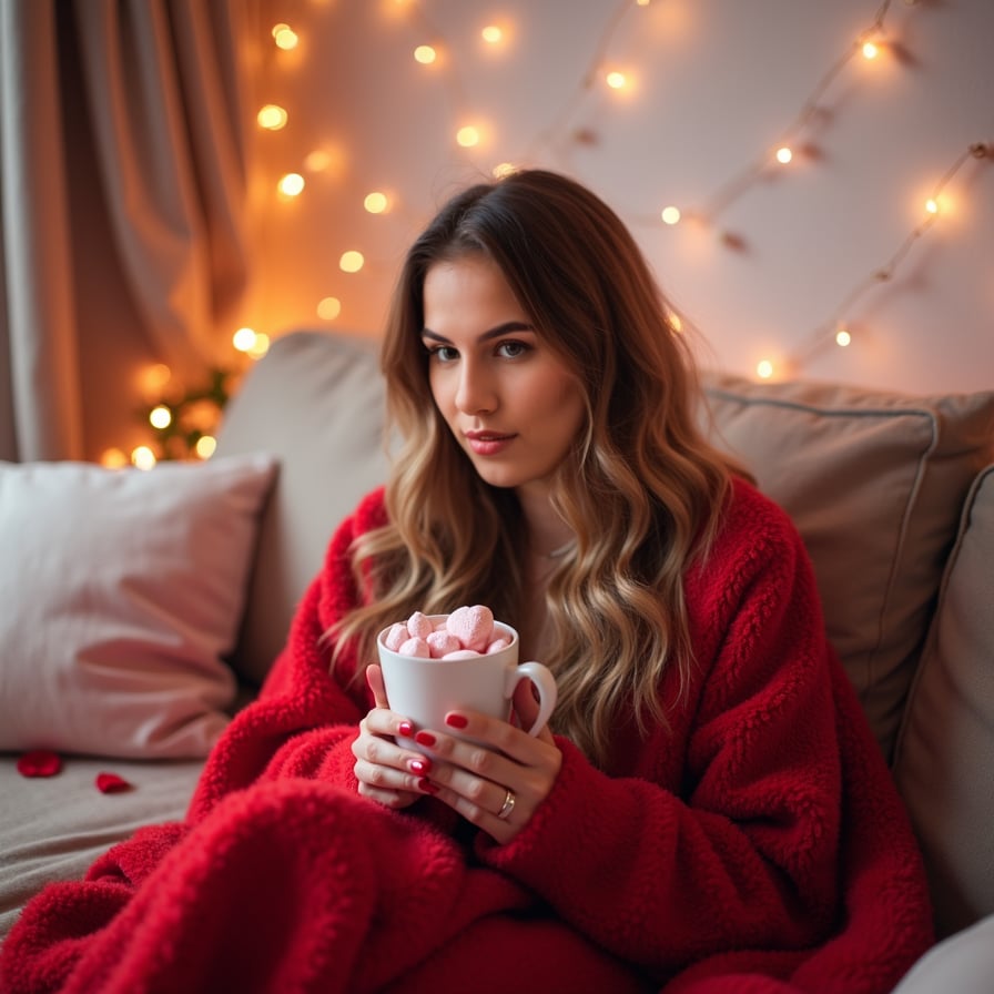 A model sitting on a cozy couch, wrapped in a fluffy red Valentine's Day blanket, sipping hot chocolate with heart-shaped marshmallows in a softly lit room filled with fairy lights and rose petals.