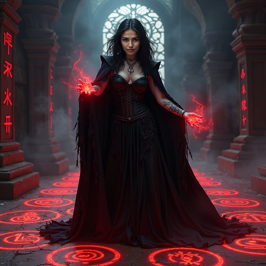 Show a powerful blood mage vampire casting a ritual in a dark underground chamber, illuminated only by the glow of red symbols carved into the stone floor. She has wild, dark hair, intricate tattoos covering her arms, and wears a cloak that looks like flowing blood. Her hands are raised, and magical red energy swirls around her, filling the air with an ominous glow. The chamber is ancient and cavernous, with walls covered in strange, forbidden symbols.