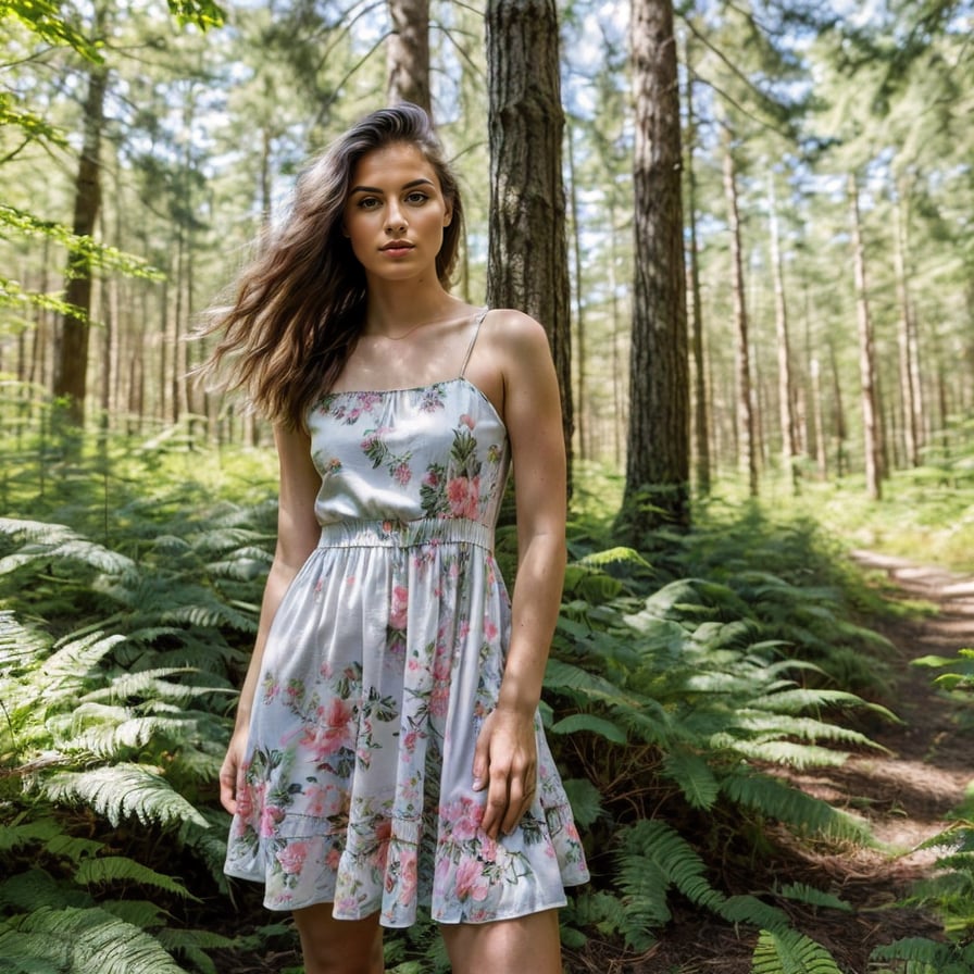 Energetic tropical adventurer, rainforest backdrop, lush greenery, and waterfalls.