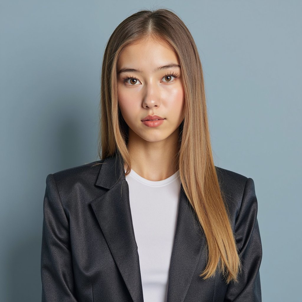 A highly detailed, highly realistic HDR passport-style headshot of a woman in her early 30s with fair skin. She has long, smooth blonde hair tied neatly into a mid-height ponytail with no loose strands. She wears a fitted charcoal gray blazer over a simple matte white top. Lighting is cool-toned, evenly balanced, eliminating all shadows and giving a crisp, clean complexion. The background is a uniform pale blue-gray, completely smooth and shadow-free. Camera is exactly at eye level, straight-on, with her expression neutral and relaxed. The image captures fine details such as the subtle texture of the blazer, soft highlights on her hair, and natural facial detail. Minimalistic, sharp, and fully compliant with formal ID standards.