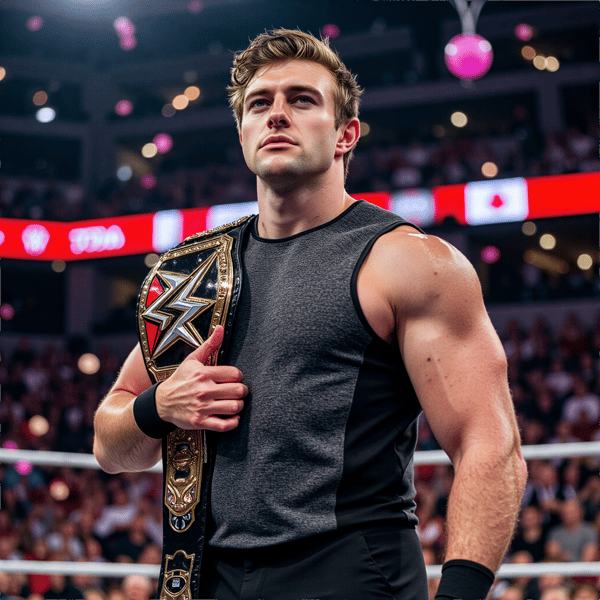 A highly realistic WWE Royal Rumble waist-up portrait of a male wrestler (early 30s) standing still inside the ring, slowly scanning the arena. Expression is calm and thoughtful, eyes slightly narrowed in focus, lips neutral. Hair: medium-length hair brushed back, damp with sweat, natural texture visible. Skin shows realistic pores, light sweat sheen across forehead and neck, subtle redness from exertion.
Outfit: dark charcoal compression top with fine-knit athletic texture, visible stitching along shoulders and collar; black wrist tape with realistic fabric grain.
Camera: 85mm, eye-level framing, slight left offset.
Lighting: balanced arena lighting with soft highlights and even skin tones.
Background: blurred crowd lights and faint ring ropes, minimal clutter.
End with: highly detailed, highly realistic, HDR quality, clean broadcast sports realism.