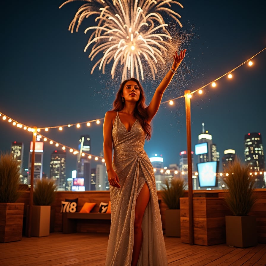 A woman stands under a starry night sky, her face glowing with joy as she releases a handful of glitter into the air. She wears a flowing silver gown that sparkles in the moonlight, surrounded by fairy lights strung across the outdoor setting. Fireworks burst in the sky above her, marking the arrival of midnight.