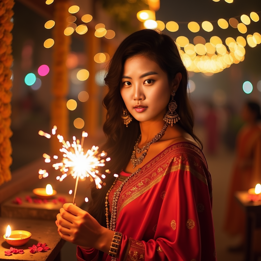 woman with a radiant smile, holding a sparkler, surrounded by twinkling lights a