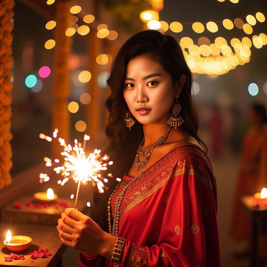 woman with a radiant smile, holding a sparkler, surrounded by twinkling lights and vibrant diyas, wearing a traditional Indian outfit, adorned with intricate jewelry, in a warm and festive Diwali night setting, soft glow of lanterns and candles in the background.