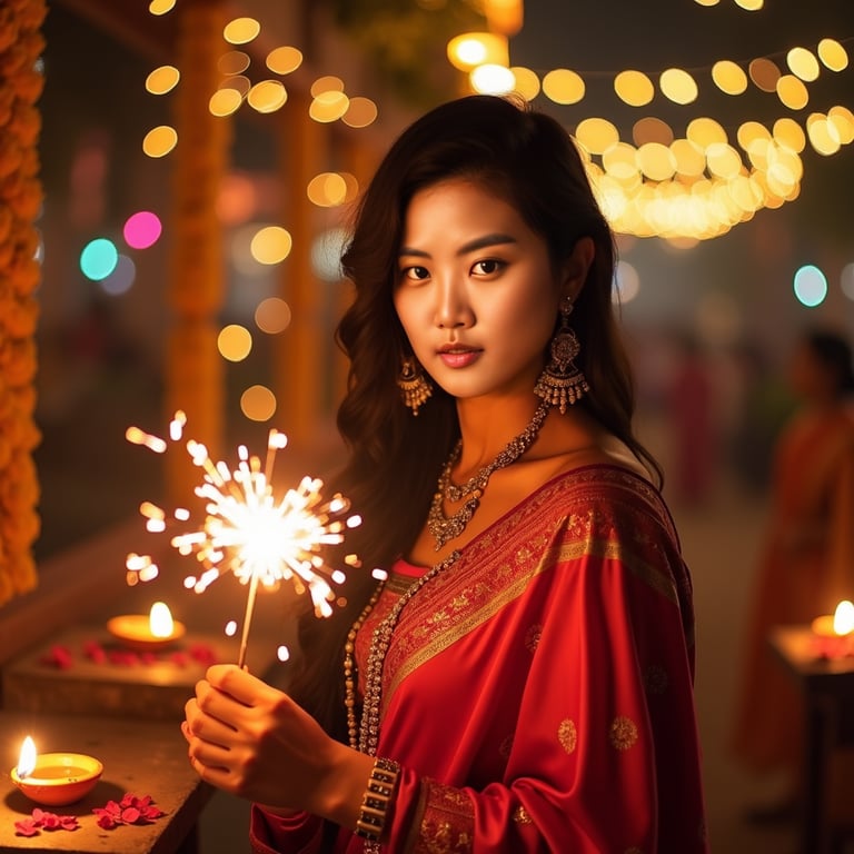 woman with a radiant smile, holding a sparkler, surrounded by twinkling lights a