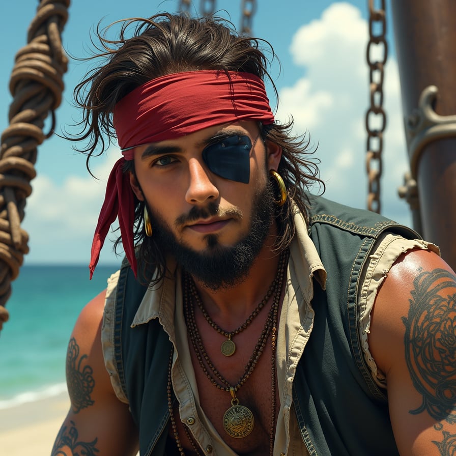 Rugged pirate man, tattoos, wild attire, ultra-realistic.