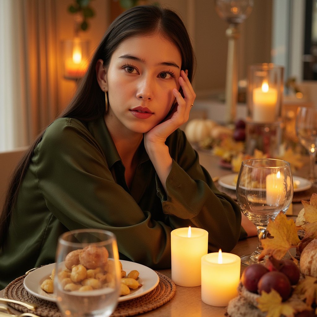 Highly realistic, highly detailed, hyperrealistic HDR close-up portrait of a woman (female, ~30 yrs) leaning slightly forward across a Thanksgiving dinner table. Camera positioned slightly lower (~−5°) to capture her soft gaze upward. She wears a dark green silk blouse, sleeves visible at edge of frame, and simple gold hoop earrings. Warm candlelight and soft ambient lighting merge across her skin creating smooth gradients. Background softly blurred — just the impression of autumnal centerpieces and bokeh from hanging bulbs. Visible reflections in her eyes and fine highlights in hair. Thanksgiving glow, soft warmth. HDR, high resolution, high quality, highly detailed, photorealistic.