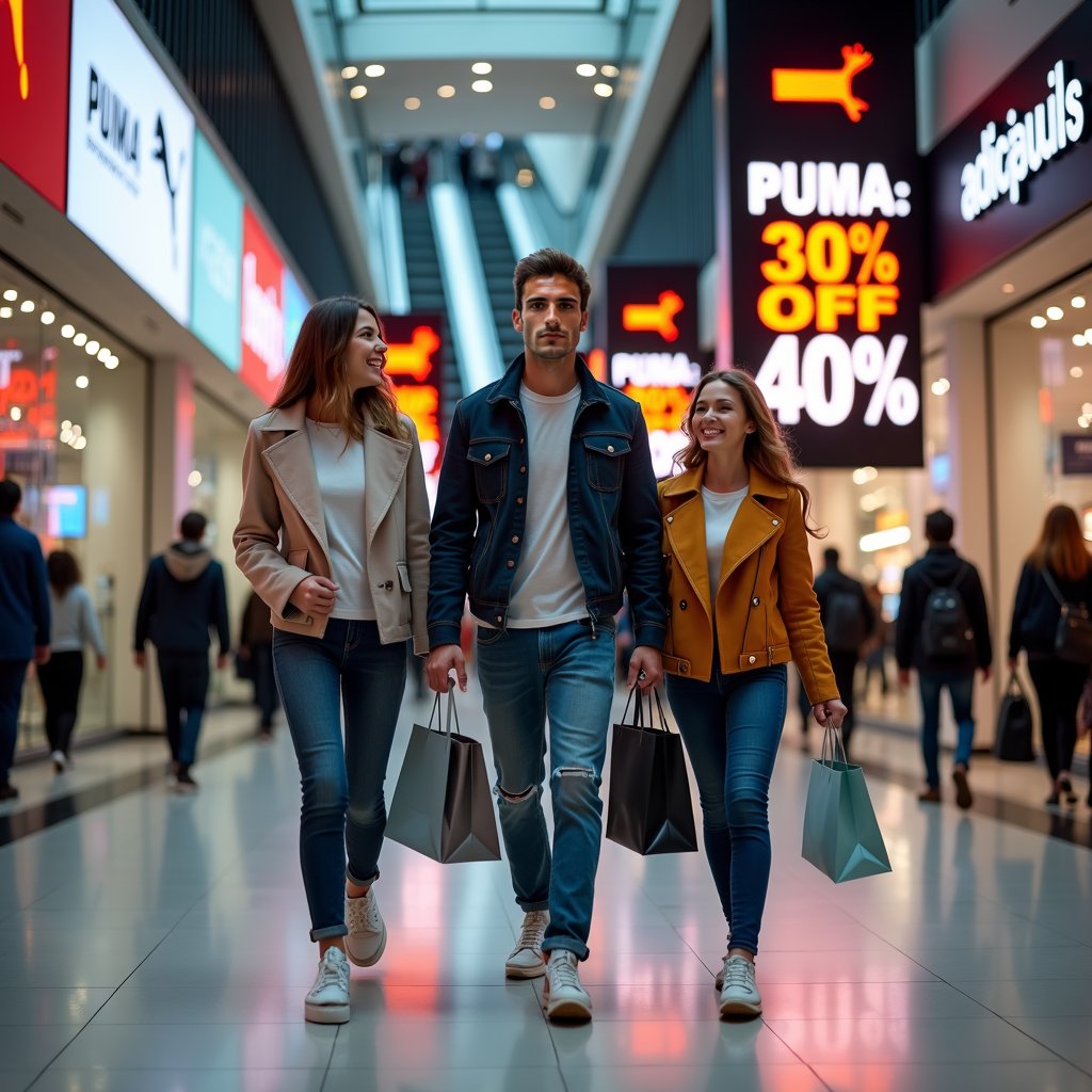 A  man walking confidently in a bustling shopping mall, holding several shopping bags. He is accompanied by either his close-knit family or a glamorous girlfriend dressed in trendy outfits. The scene includes a vibrant and modern interior with escalators in the background, and bright promotional banners advertising Black Friday sales. Prominent advertisements display offers like 'Puma: 30% OFF' and 'Adidas: 40% Discount,' creating a lively and energetic shopping environment