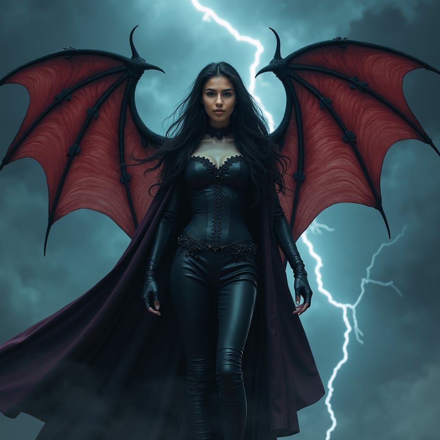 Depict a powerful vampire woman with large, leathery bat wings standing on the edge of a cliff under a stormy night sky. She has long, flowing black hair, wears a fitted, black medieval-style corset, and her gaze is intense. Lightning illuminates the storm clouds behind her, adding drama to the scene. Her wings are spread wide, and she looks as though she’s about to take flight.