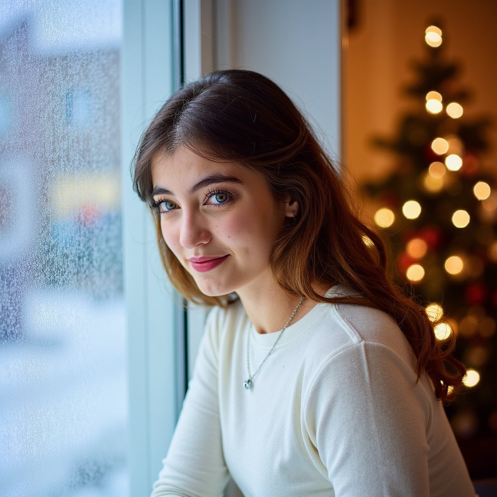 Headshot of a woman sitting beside a snow-frosted window, shoulders slightly angled away, head turned back toward the lens with a gentle soft-smile. She wears a white mohair sweater with fine fuzzy fibers visible and a thin silver chain. Hair: shoulder-length curls, slightly glossy, parted to one side. Makeup: soft berry lips, natural lashes, subtle winter flush on cheeks. Lighting: cool snow-reflected daylight from the window as the key light, with a warm bounce fill from camera-right to give a Christmas glow. Background: cold blue-white window frost with subtle bokeh from outdoor holiday lights; minimal indoor clutter. Camera: 85mm f/1.8, tight frame; highly realistic, highly detailed, HDR, sharp eye reflections and visible fabric texture; still, serene winter mood.