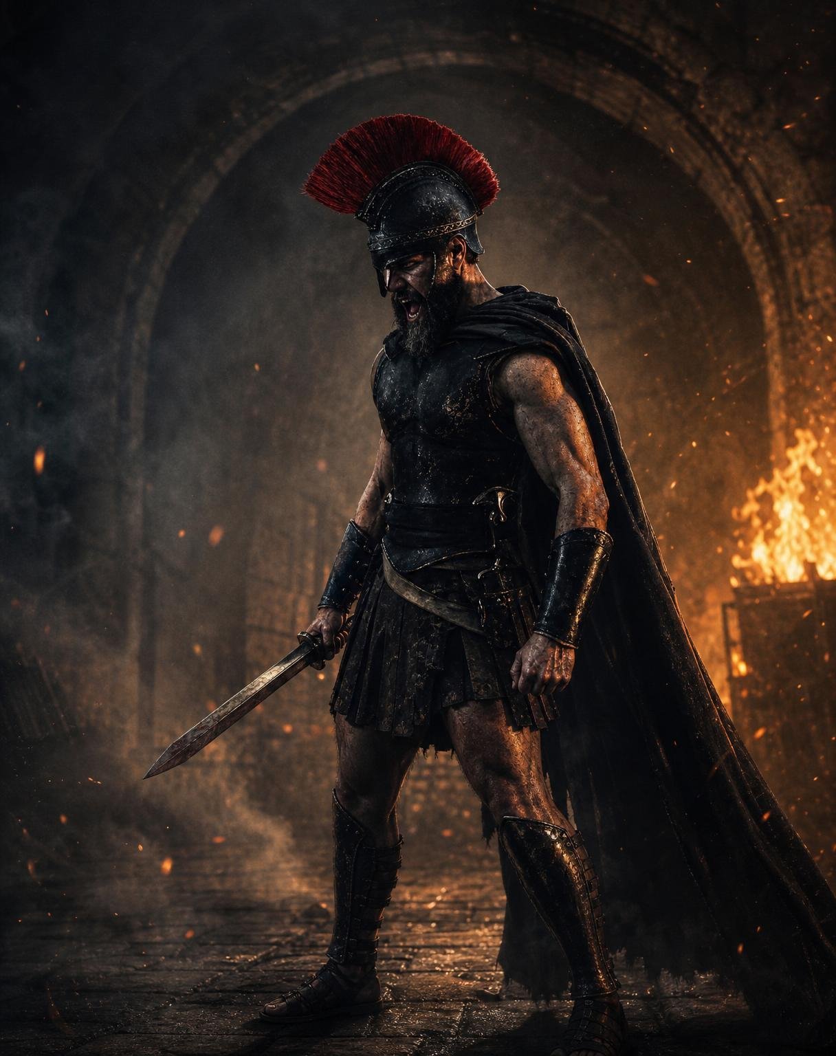 Use the uploaded image as the exact composition, styling, and cinematic reference. Recreate the scene as faithfully as possible while preserving the overall framing, atmosphere, lighting, armor design, pose, and dramatic mood.
A fearless ancient Greek Spartan warrior stands in a powerful battle stance inside a colossal dark stone tunnel or fortress passage. He is captured in a dynamic three-quarter side profile, roaring fiercely with his mouth wide open as if commanding troops before battle. His body is turned slightly toward the right, showing muscular bare arms and a broad armored chest.
He wears an authentic blackened bronze Spartan cuirass with detailed weathering, leather battle skirt, dark cape flowing behind him, heavy leather bracers, and a classic Corinthian helmet featuring a large vivid crimson horsehair crest. The helmet partially covers his face while revealing a rugged bearded jawline with a thick dark beard.
His right hand grips a short ancient Greek xiphos sword held low across his body, while his left arm is tense and ready for combat. Every element of the armor shows realistic scratches, dents, dust, and battle wear.
The environment is filled with dense cinematic smoke, glowing embers, drifting ash particles, and warm orange atmospheric haze. A powerful warm orange firelight illuminates the warrior from the right side while cool blue-gray shadows dominate the left, creating dramatic Hollywood contrast. Strong volumetric lighting, cinematic fog, floating sparks, and subtle motion blur in the airborne particles enhance the sense of action.
The massive curved stone architecture behind him fades into darkness with visible concentric stone textures overhead, giving the impression of a legendary ancient fortress or tunnel. Background remains heavily atmospheric and softly obscured by smoke.
Camera: full-body vertical composition, slightly low-angle heroic perspective, 85mm cinema lens, f/2.8, shallow depth of field, HDR, ultra-detailed textures, realistic skin, photorealistic metal reflections, cinematic color grading inspired by epic historical films, masterpiece, ultra-realistic, 8K, premium movie poster quality.
Color palette: deep black, charcoal, bronze, crimson red, fiery orange, warm amber, smoky gray.
Negative Prompt: modern clothing, futuristic armor, fantasy monsters, cartoon, anime, CGI, plastic skin, low quality, blurry, bad anatomy, extra limbs, extra fingers, duplicate body parts, watermark, logo, text, oversaturated colors, flat lighting.