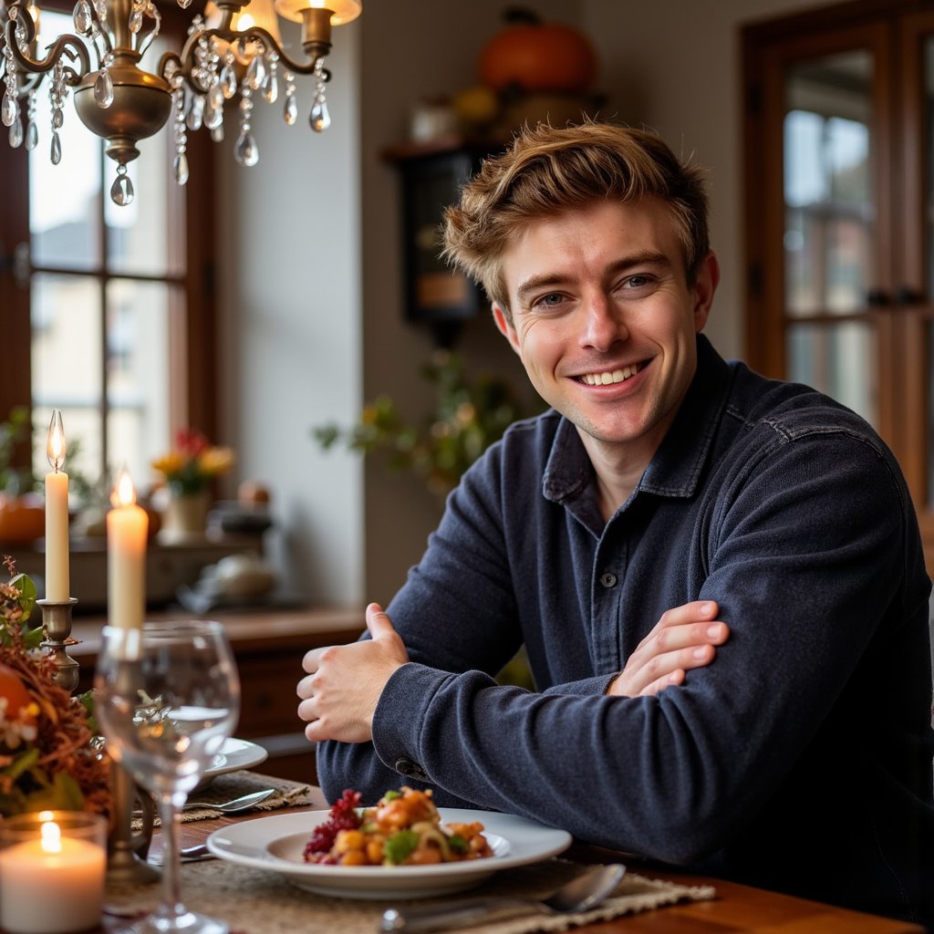 Highly detailed, highly realistic, hyperrealistic HDR waist-up portrait of a man (male, ~32 yrs) seated close to a Thanksgiving table. He wears a dark navy collared shirt with sleeves rolled to mid-forearm. The lighting comes from an overhead chandelier and side candlelight, producing warm highlights along his cheekbones and hairline. His expression open and gentle, as if mid-conversation. Background blurred — visible warm tones of wood, glass reflections, and hints of food platters without clutter. Detailed fabric weave, skin texture, and candle reflections give tactile realism. HDR, high resolution, high quality, highly detailed, photorealistic.