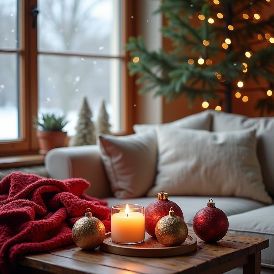 A curated selection of holiday-themed ornaments, cozy throws, and a softly flickering candle on a wooden coffee table. Through a nearby window, gentle snowfall is visible, while the warm interior lighting and subtle décor hints at the endless customization potential offered by AI-driven image generation