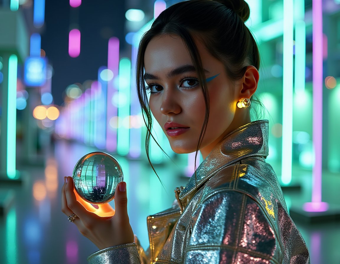 woman wearing a structured, iridescent chrome jacket with sharp, angular shoulders. Her eyes are accentuated with a vibrant streak of electric blue eyeliner and she wears asymmetrical, glowing yellow LED earrings that subtly hum. She holds a delicate, transparent orb that refracts the ambient light, standing with a slight twist, her gaze directed just beyond the frame. The background is a deeply blurred metropolis, a tapestry of shimmering holographic projections and cascading, vertical laser beams in shades of emerald and violet. Dramatic, focused light from the left casts deep, sculpted shadows across her high cheekbones and the reflective surface of her jacket, highlighting the intricate texture of the material and the nuanced contours of her face.