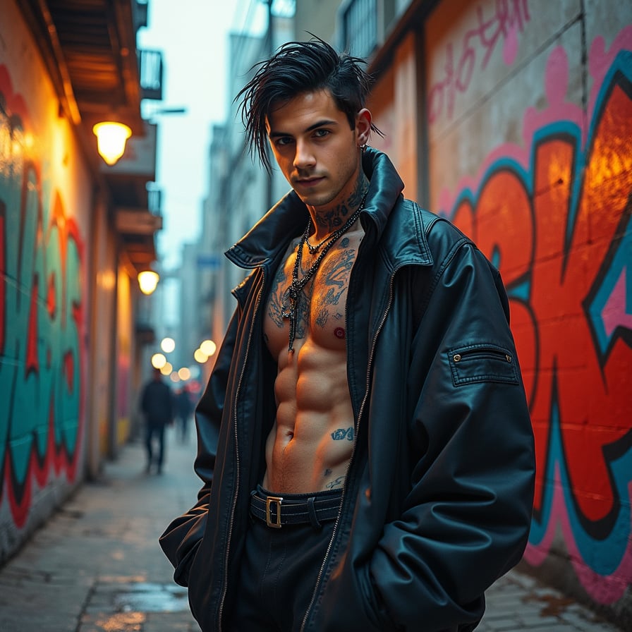 Handsome street punk, graffiti alley, detailed, hyper-realistic setting.