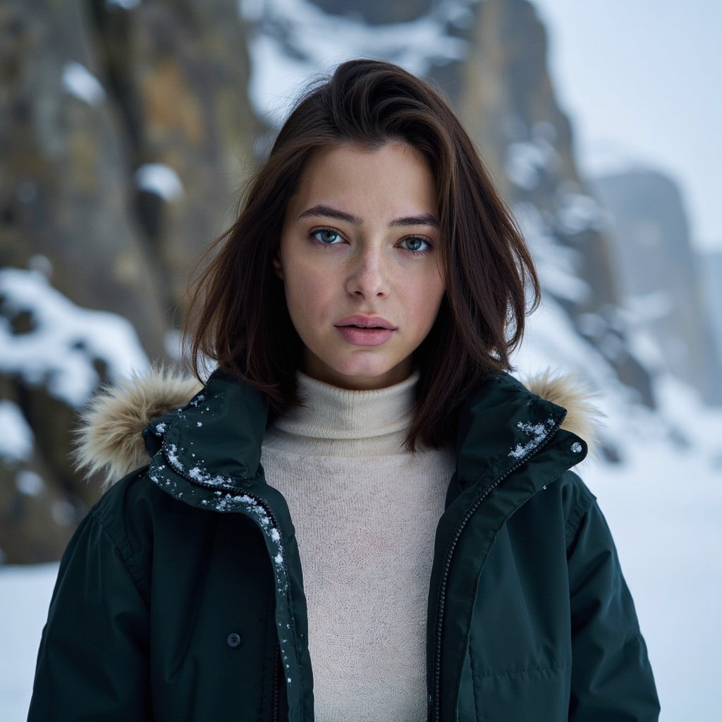 A highly realistic, ultra-detailed HDR waist-up winter portrait of a woman standing near the base of a tall snowy cliff. Camera angle: slightly low, 35mm lens.
She wears a dark forest-green parka with a faux-fur hood, the fur holding clusters of detailed snow crystals. Underneath, a cream wool sweater with ribbed texture peeks out.
Her dark brown hair is partially tucked into the hood but loose enough to show individual strands moving slightly with wind.
Lighting: dramatic cold backlight from the snow-covered cliff face, creating a glowing rim-light around her hair and coat, combined with softer front fill-light from reflected snow.
Facial details: visible pores, cold-weather blush, slightly parted lips showing soft condensation in breath.
Background: towering icy cliff fading into soft blur, snow blowing diagonally through frame for dynamic atmosphere.