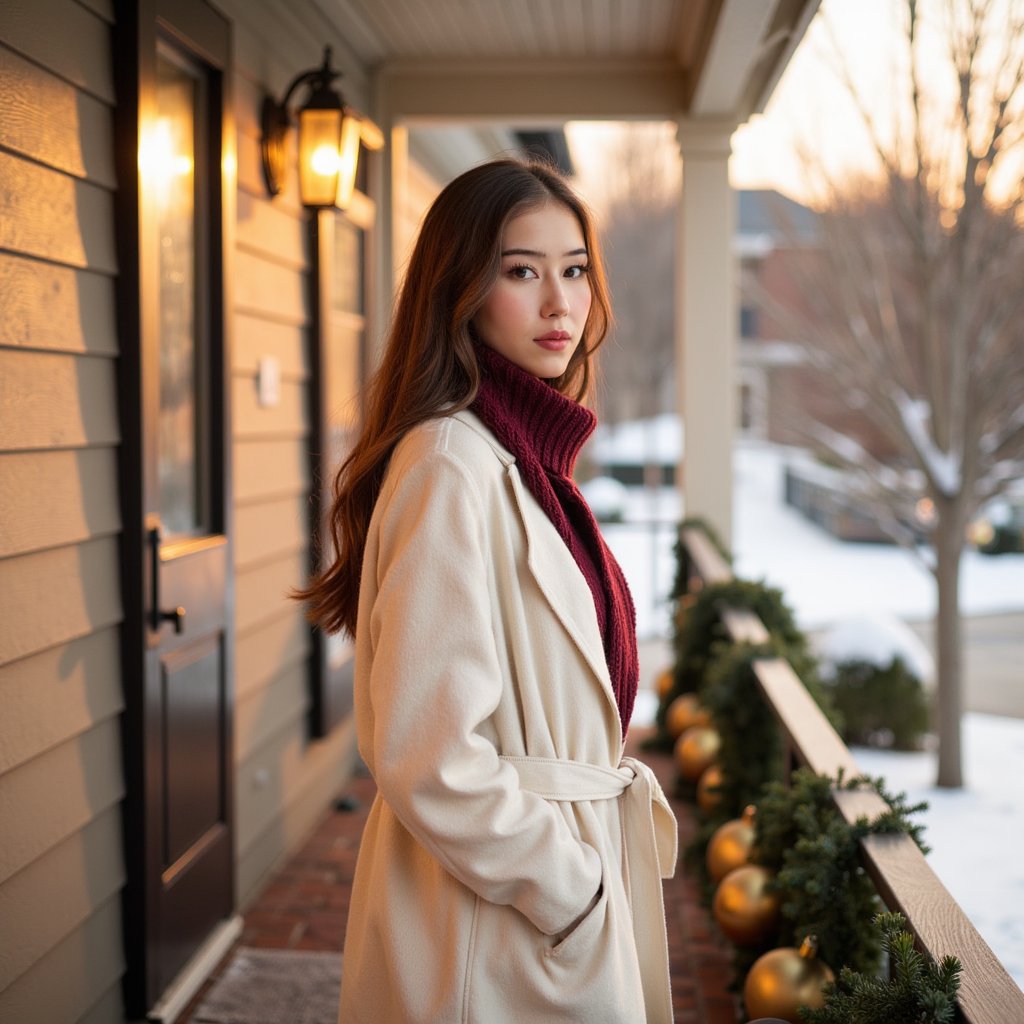 Waist-up portrait of a woman standing on a decorated porch during golden-hour winter light, body angled 25° from the camera, turning gently back toward the lens. She wears a cream wool wrap coat with a soft tie belt and a burgundy knit scarf layered neatly.
Hair: loose waves with halo-like warm highlights from sun.
Makeup: peach-gold luminous tones, soft coral lip.
Lighting: natural golden hour sunlight wraps around her hair (strong rim light), with a soft reflector fill from the front.
Background: blurred porch railing wrapped in garland and a few gold ornaments — minimal clutter, clean framing.
Camera: 85mm f/2; highly realistic, highly detailed, HDR, with strong emphasis on sunlit hair texture and wool fibers.