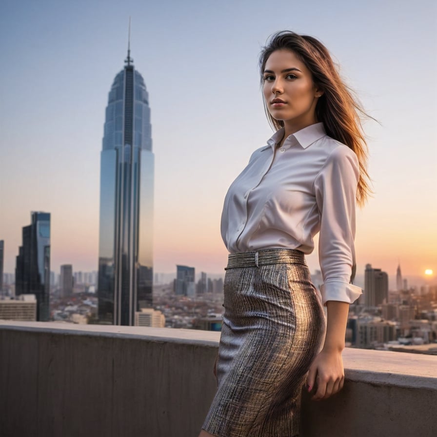 girl in a tailored suit, posing confidently, city skyscrapers in the background, sunset glow, luxurious atmosphere