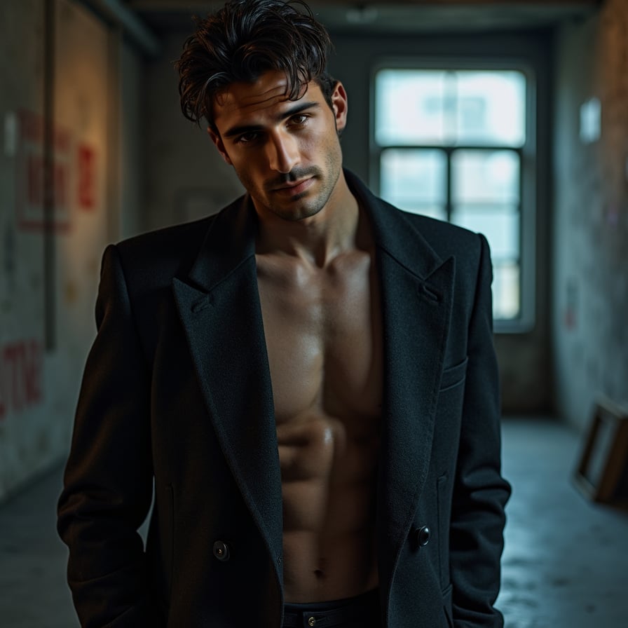 man with a strong artistic vibe. He is styled in dark, textured clothing, with dramatic lighting creating shadows and depth. The background is moody and urban, showcasing an air of mystery and creativity