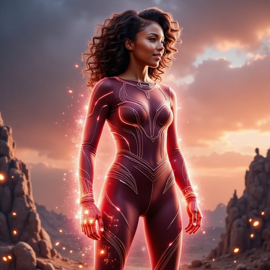 New generation Marvel heroine, fusion of magic and tech, wearing a semi-transparent energy shield suit, glowing spell-runes orbiting her, standing atop floating ruins, mystical dusk ambiance
