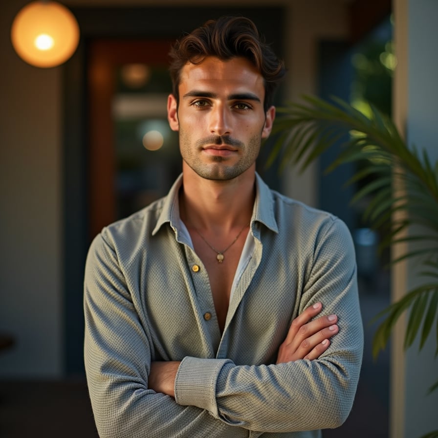 man with a relaxed vibe. He is wearing a stylish button-down shirt or knit sweater, with a warm, natural backdrop like a park or studio. The expression is friendly and confident, perfect for creators with a laid-back style