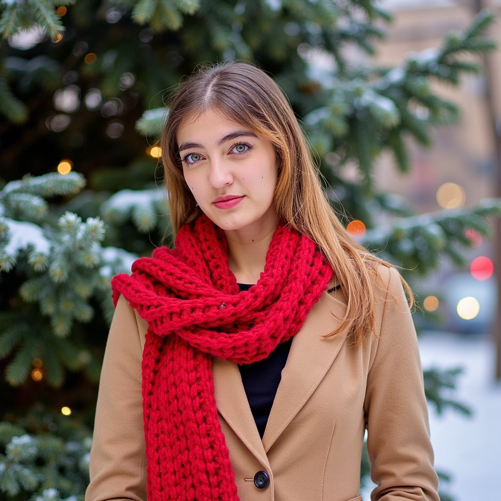 Waist-up winter portrait of a woman outdoors in softly falling snow (snow frozen in shallow DOF but no subject motion). She wears a camel wool coat belted at the waist and a thick red knitted scarf with visible chunky stitching. Hair: straight, long, tucked inside the scarf; a few flyaway strands adding realism. Makeup: satin warm-nude lips, lightly flushed cheeks, soft brown eyeliner. Lighting: natural overcast daylight softened by snow, with a faint silver reflector fill from below. Background: blurred evergreen trees with a few warm twinkle lights; minimal clutter. Camera: 85mm f/2, eye-level; highly realistic, highly detailed, HDR, clear snowflakes on hair and coat fibers.