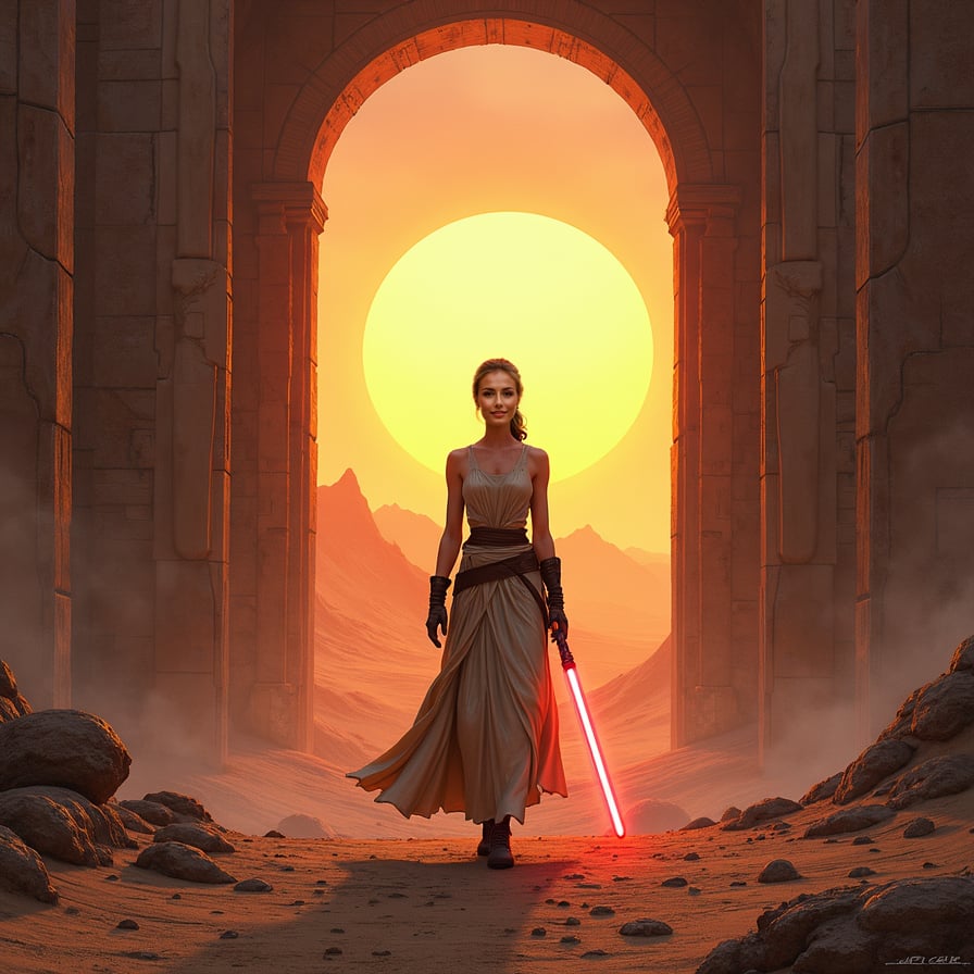 A female Jedi Knight stands at the entrance of an ancient temple, facing the camera with a calm, confident expression. Her lightsaber hangs at her side, and the alien landscape and setting sun create a dramatic background.