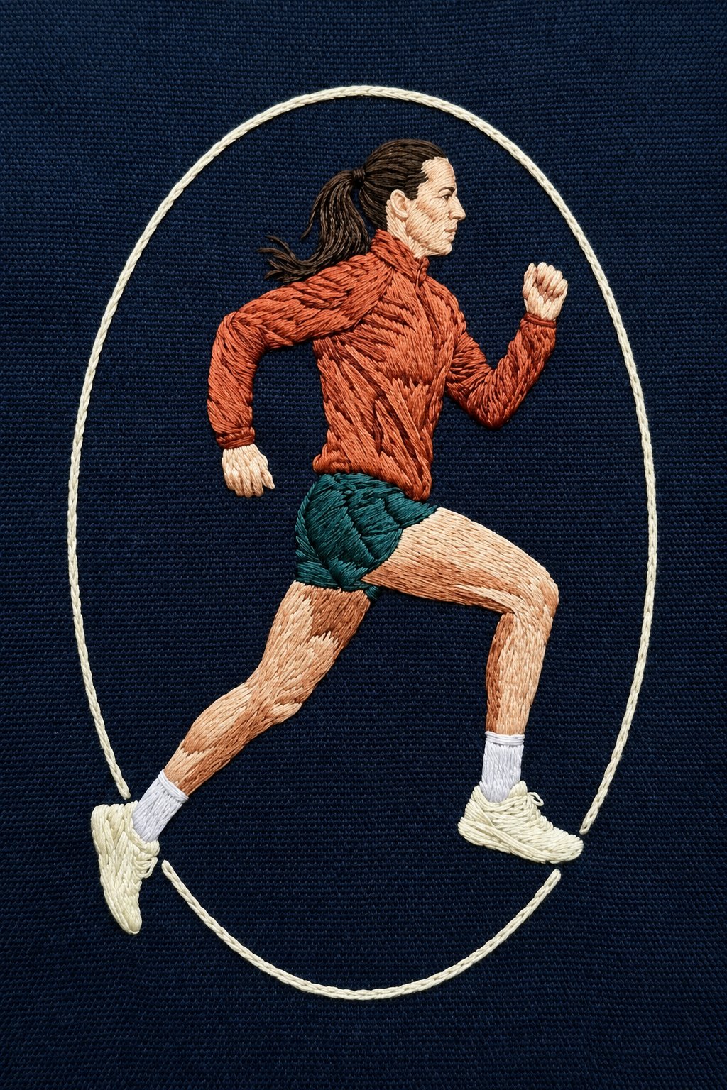 The runner rebuilt as a stitched embroidered patch on dark navy fabric, same
pose