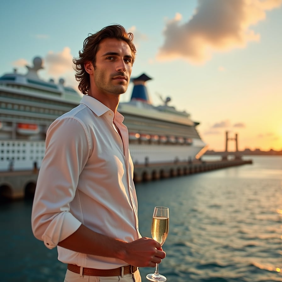 Exploring Ports: The model is dressed in a stylish yet practical outfit for exploring port destinations. he’s seen walking along the quay, interacting with locals, or shopping at a portside market, capturing the adventurous and chic side of cruise travel.