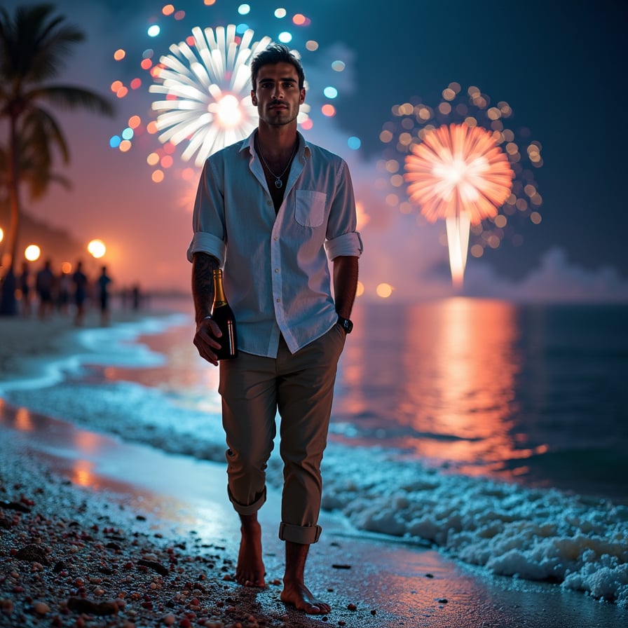 A relaxed man in a linen shirt and rolled-up pants, standing barefoot on the beach with fireworks reflecting on the water behind him, facing the camera with a peaceful smile