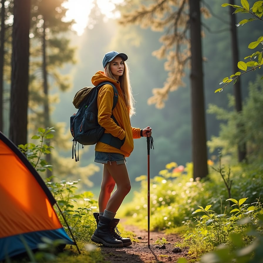 woman wearing outdoor gear, including a fleece jacket and hiking boots, standing amidst a serene forest landscape, surrounded by tall trees and lush greenery, with a camping tent and backpack nearby, posing with a walking stick and a sense of adventure.