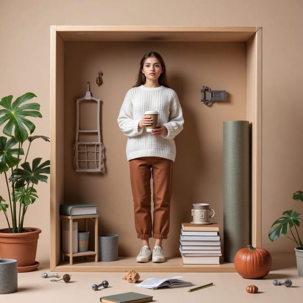 Relaxed woman in oversized sweater, holding a coffee, surrounded by books and a yoga mat, in beige packaging