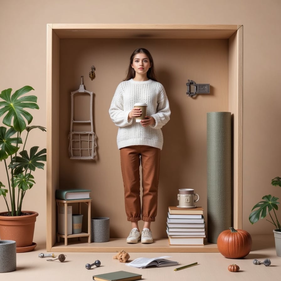 Relaxed woman in oversized sweater, holding a coffee, surrounded by books and a yoga mat, in beige packaging