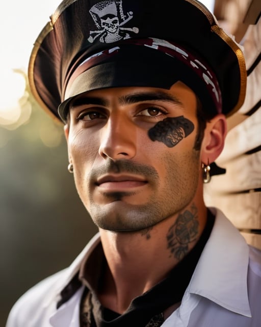A swashbuckling pirate stands confidently on a weathered dock, wearing a worn eye patch, a three-cornered hat cocked to one side, a billowy white shirt with lace cuffs, and tall black boots with a subtle shine, lit by warm golden sunlight casting a dramatic shadow.