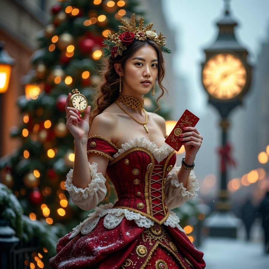 woman in intricately detailed, Victorian-inspired attire, featuring clockwork gears embedded in her corset and skirt, holding golden pocket watch in one hand, glittering gift card in the other, radiating warm, festive glow, against grand clock tower backdrop striking midnight, gift card shining with promise of perfect Christmas, surrounded by twinkling holiday magic filling the air.