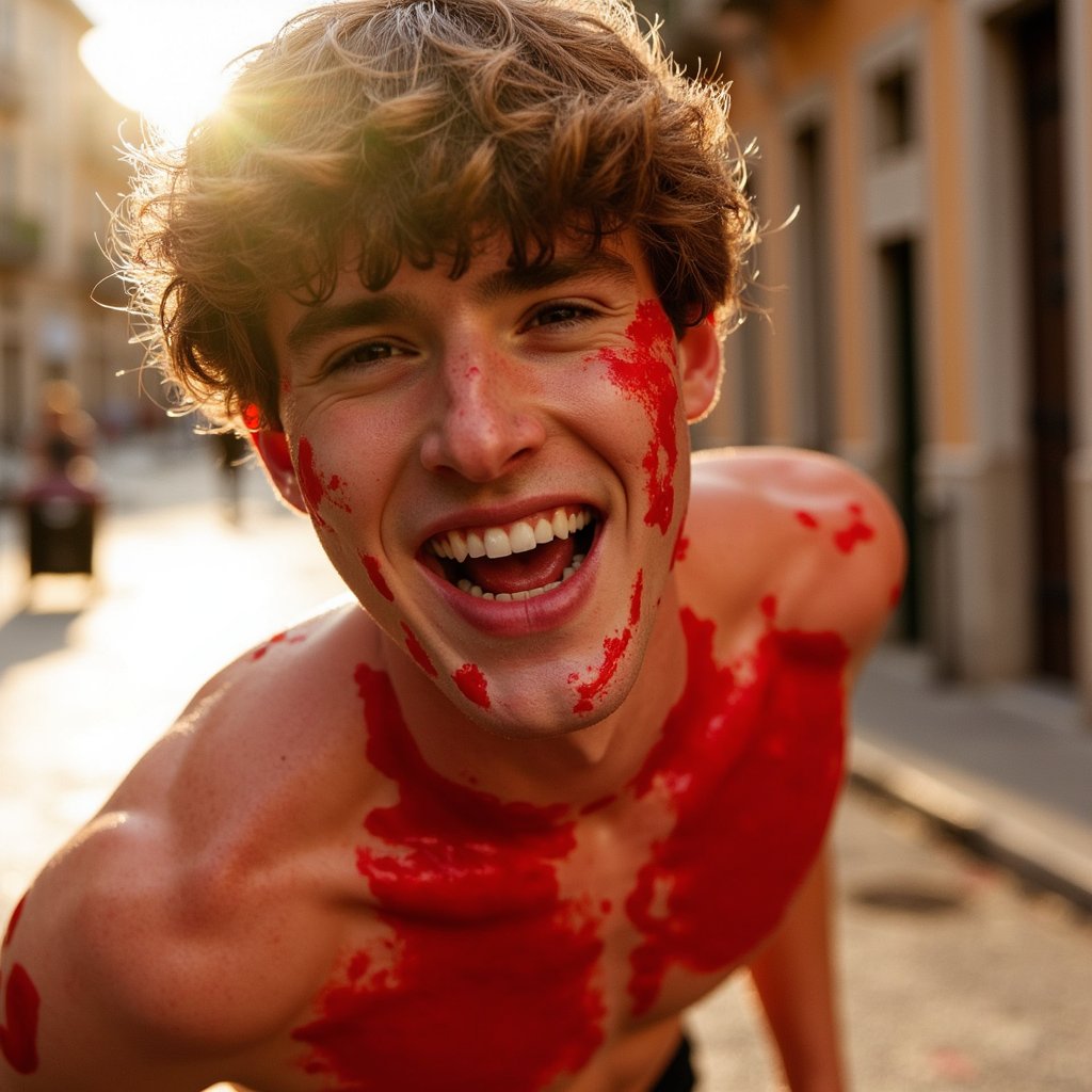 Knee-up portrait of a man mid-laugh with smashed tomatoes stuck to his shirt and arm, sun-drenched Spanish street behind him, soaked in red