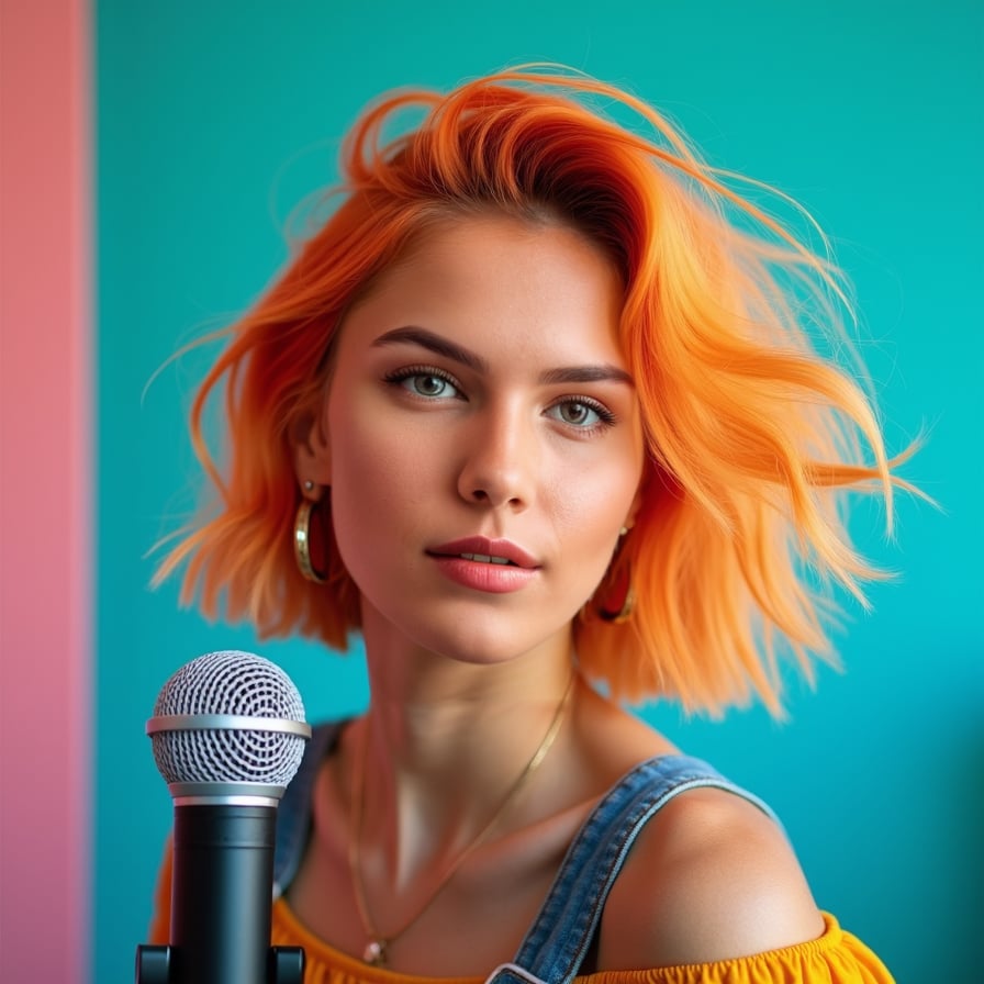 Generate a lively and eye-catching headshot of a woman with a big smile or an expressive, surprised look. She is styled in casual or trendy clothing, against a bright, high-contrast background. The image should exude energy and approachability, perfect for grabbing attention in thumbnails