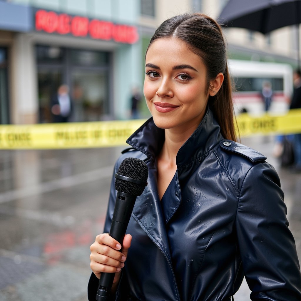 Highly detailed, highly realistic, HDR, 8k field reporter in light rain; camera: 35mm, f/2.8, slight low angle for authority; lighting: overcast natural key + LED panel fill; pose: standing, mic in hand, rain droplets on mic foam and jacket; attire: navy waterproof trench with taped seams, collar up, visible raindrop beading; hair: tied back bun with loose flyaways; facial detail: damp skin sheen, focused gaze; background: city street with police tape softly blurred, minimal clutter; add subtle umbrella reflection in eyes.