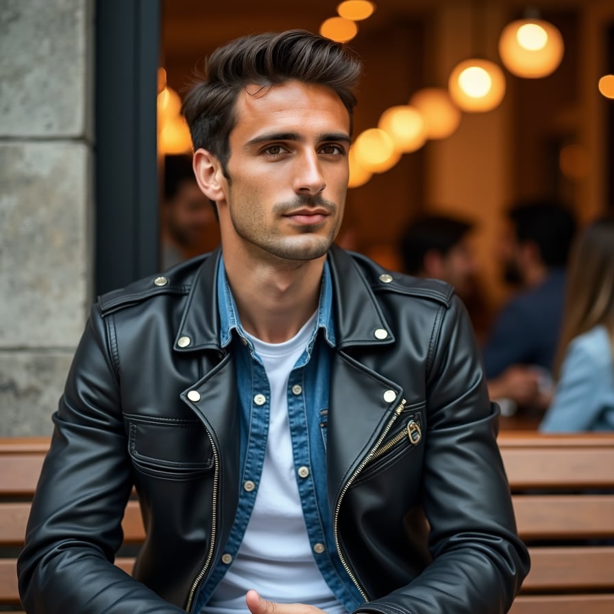 man in a relaxed social setting, such as sitting on a bench or leaning against a railing. He has a confident smile or a thoughtful expression, dressed in trendy casual wear like a leather jacket or denim shirt. The lighting adds warmth and highlights his natural appeal