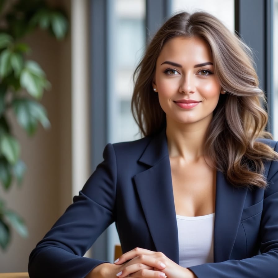A professional-looking woman in her mid-30s with a confident and approachable demeanor, wearing a tailored navy blue blazer and a crisp white blouse, sits with a slight lean forward, her bright hazel eyes and warm smile directed at the camera. Her long, dark brown hair is styled in loose waves, framing her heart-shaped face with subtle highlights accentuating her cheekbones. Soft, natural light from a nearby window casts a gentle glow on her features, highlighting her smooth, lightly freckled skin texture, as she sits in a modern office setting with a blurred cityscape visible through the large glass window behind her.