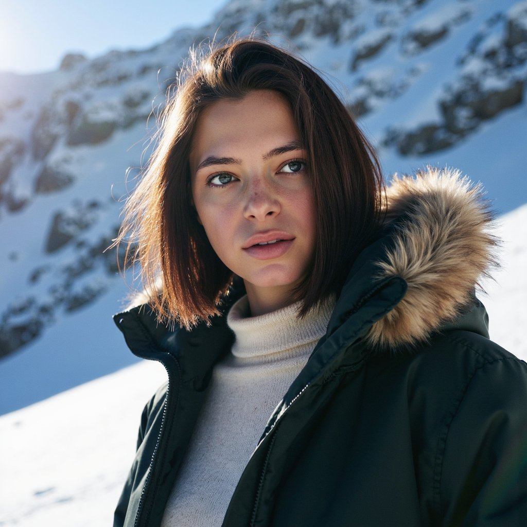 A highly realistic, ultra-detailed HDR waist-up winter portrait of a woman standing near the base of a tall snowy cliff. Camera angle: slightly low, 35mm lens.
She wears a dark forest-green parka with a faux-fur hood, the fur holding clusters of detailed snow crystals. Underneath, a cream wool sweater with ribbed texture peeks out.
Her dark brown hair is partially tucked into the hood but loose enough to show individual strands moving slightly with wind.
Lighting: dramatic cold backlight from the snow-covered cliff face, creating a glowing rim-light around her hair and coat, combined with softer front fill-light from reflected snow.
Facial details: visible pores, cold-weather blush, slightly parted lips showing soft condensation in breath.
Background: towering icy cliff fading into soft blur, snow blowing diagonally through frame for dynamic atmosphere.