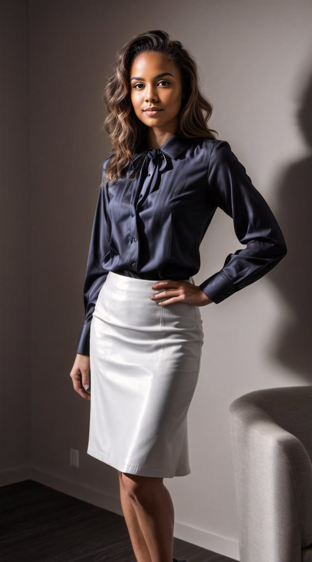 Woman in dark outfit, minimalist backdrop, professional, confident.