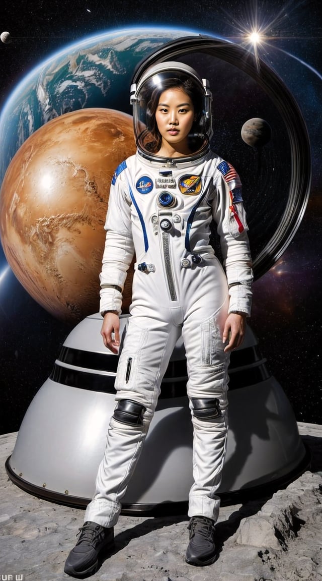 Heroic astronaut, white suit, Earth’s orbit backdrop, reflective visor.