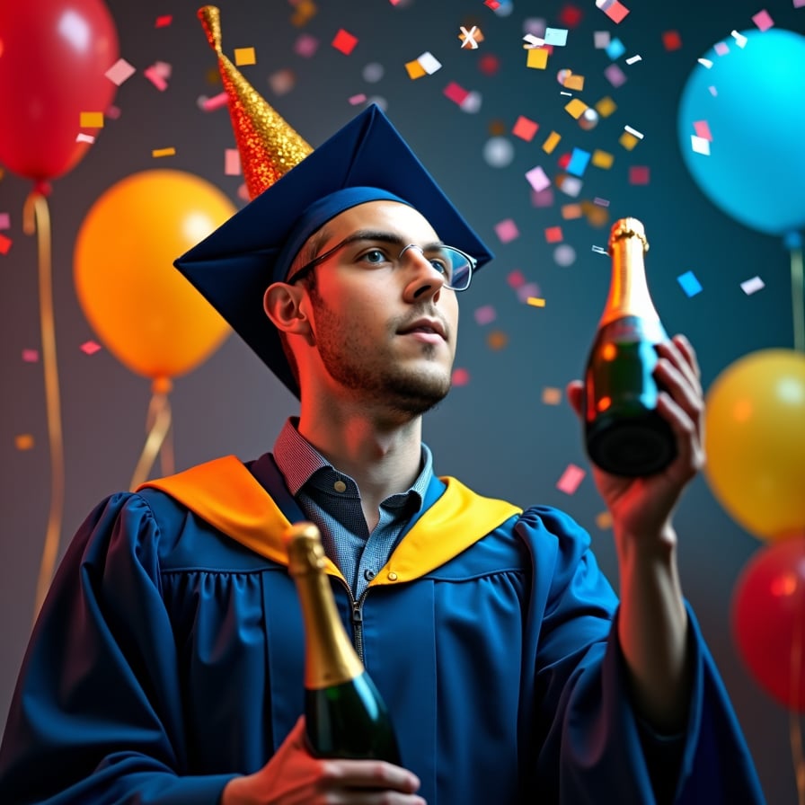 man in a vibrant party hat, confetti and balloons surrounding him, holding a champagne bottle, ecstatic expression, under bright, colorful lights