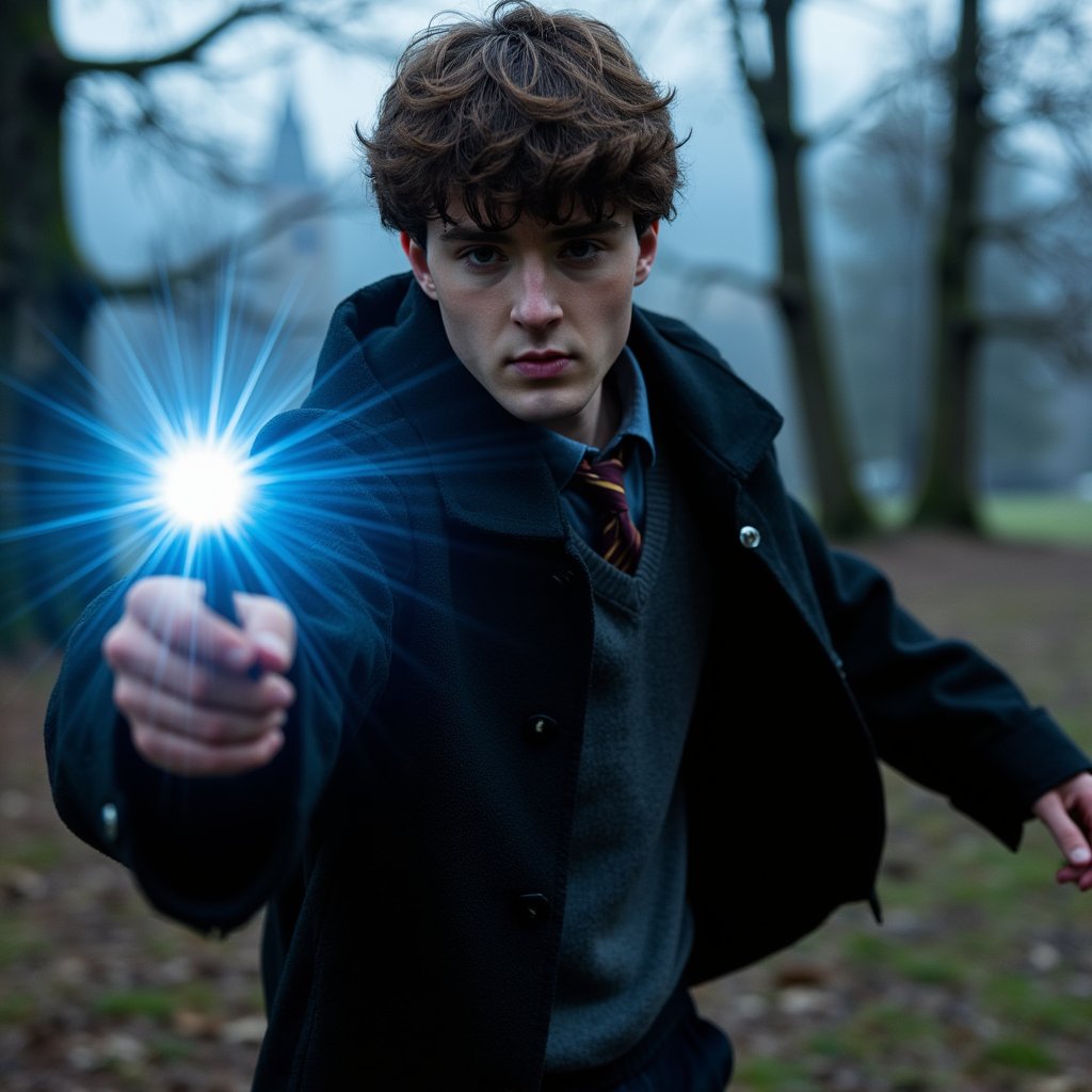 Ultra-detailed HDR full-body, low-angle action shot of a 17-year-old male Hogwarts student with light tan skin, sharp jawline, and piercing blue eyes narrowed in intense concentration, mouth slightly open. Medium-length wavy brown hair windswept, illuminated by the magical glow from his wand. Wearing a heavy black wool cloak fastened with a silver clasp, hem damp and dirt-streaked from the mossy forest floor. Pose: legs planted firmly, left arm out for balance, right arm extended forward with wand emitting a glowing silver stag Patronus; mist swirling around ankles. Camera: Sony A1, 24mm f/2.8 lens, aperture f/2.8, camera placed slightly below waist height looking upward to exaggerate heroic stance. Lighting: primary key from Patronus light itself — cool bluish-white (6500K) — casting high-contrast shadows across face and cloak; faint moonlight filtering through tree canopy adds a secondary cool fill; fog acts as natural diffuser. Background: towering dark tree trunks and soft blue mist, no distracting elements.